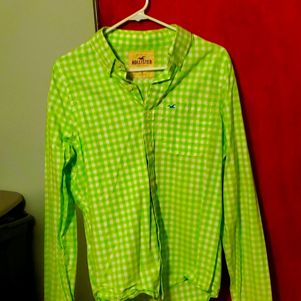 Men's Hollister Button up Shirt Green and White (L)